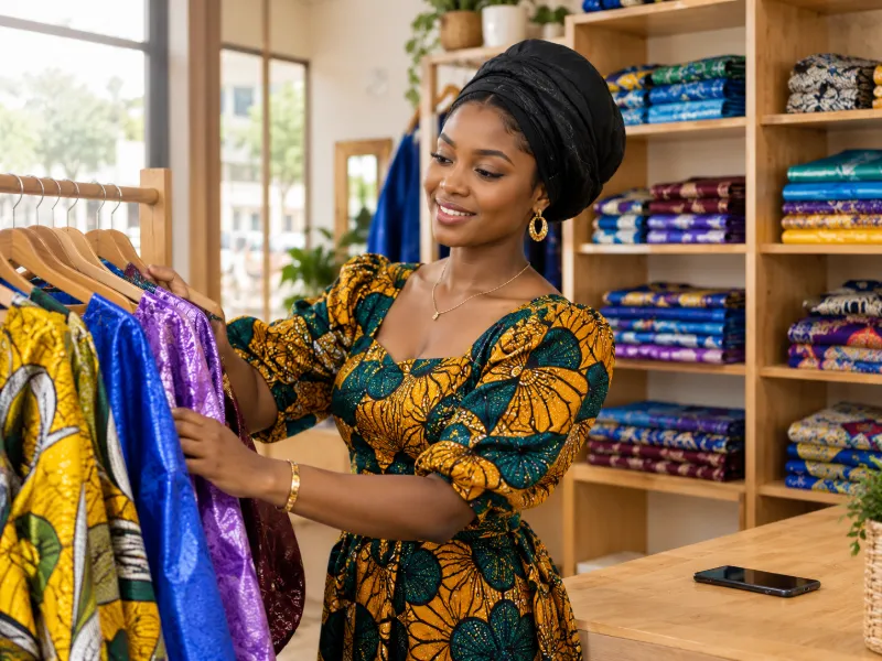 Une commerçante range des robes en wax dans sa boutique de prêt-à-porter
