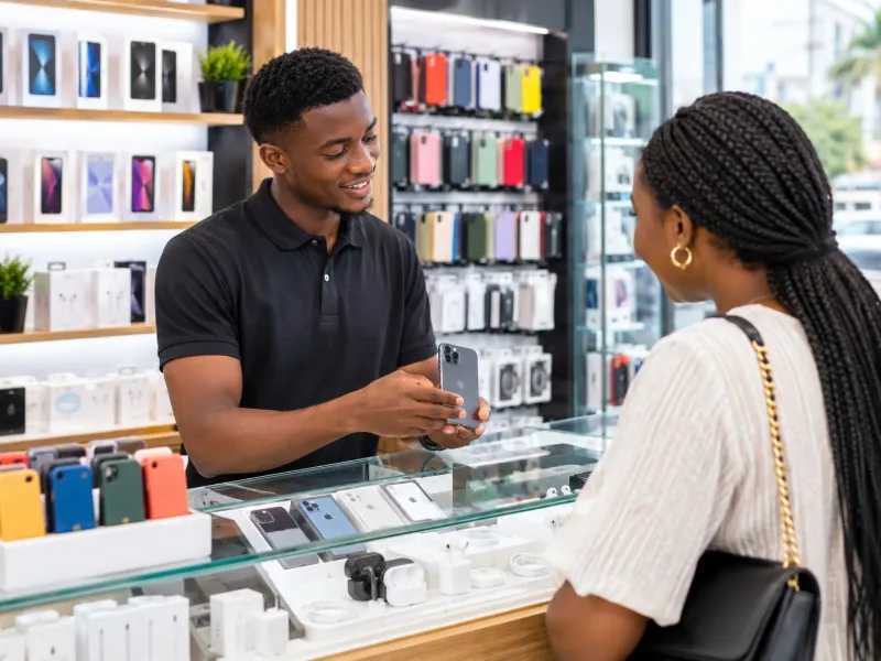 Un vendeur montre un téléphone à une cliente, derrière son comptoir vitré