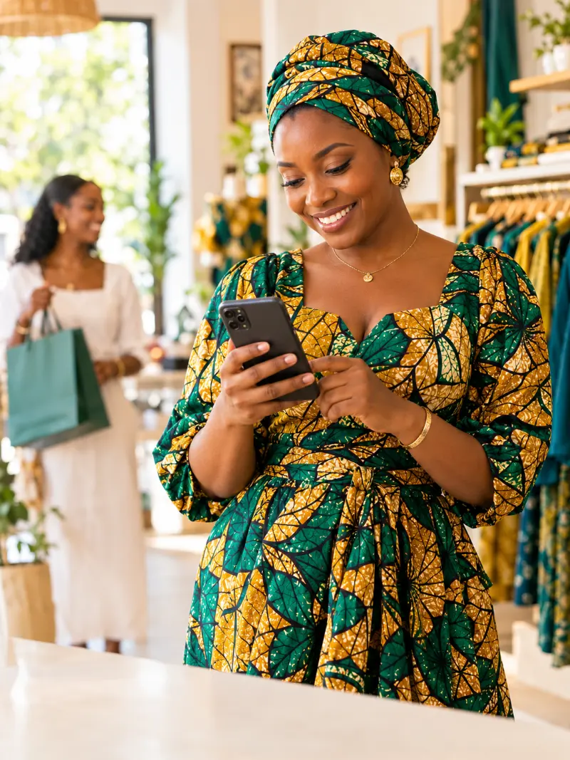 Une commerçante souriante encaisse une vente sur son téléphone, dans sa boutique