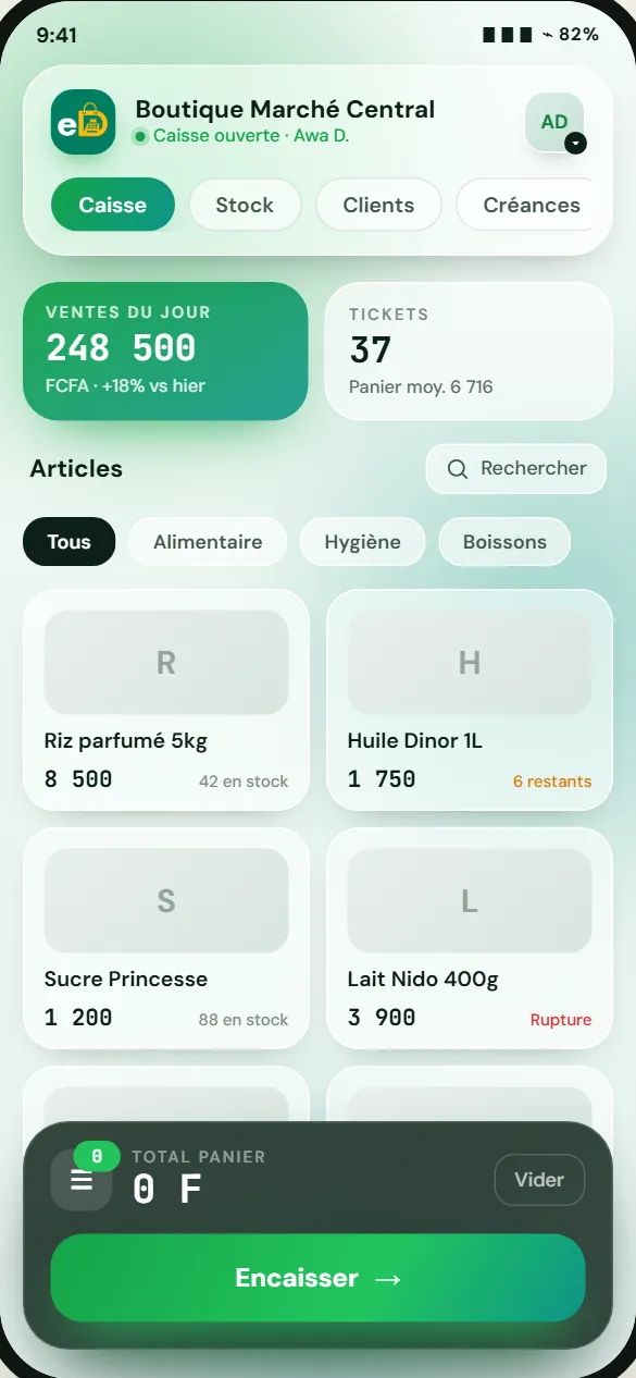 L'écran Caisse d'eDjago : ventes du jour, articles et panier